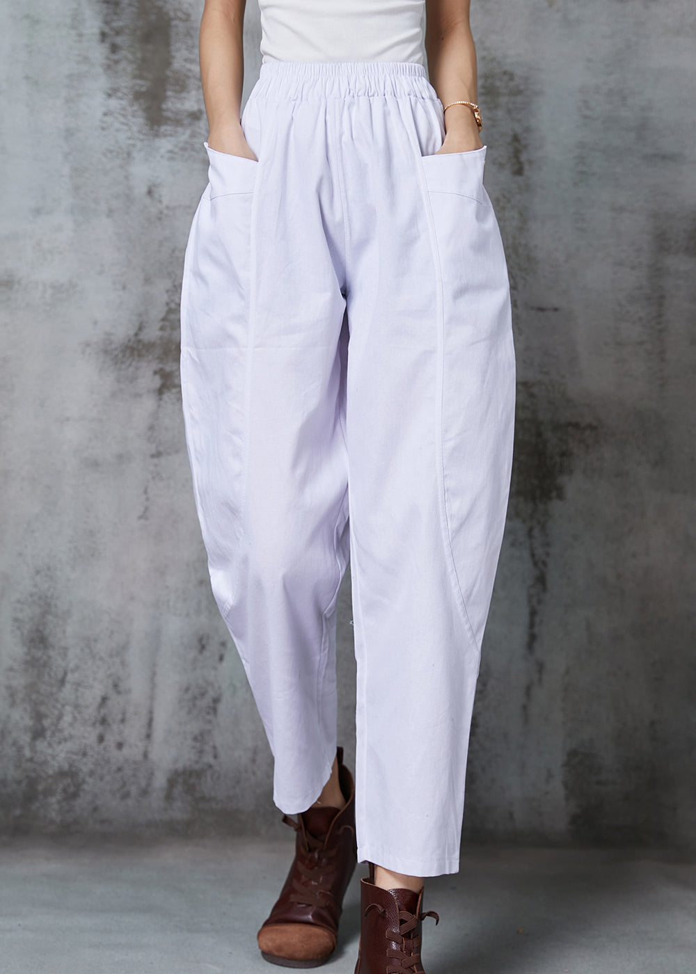 White Elastic Waist Cotton Harem Pants Spring