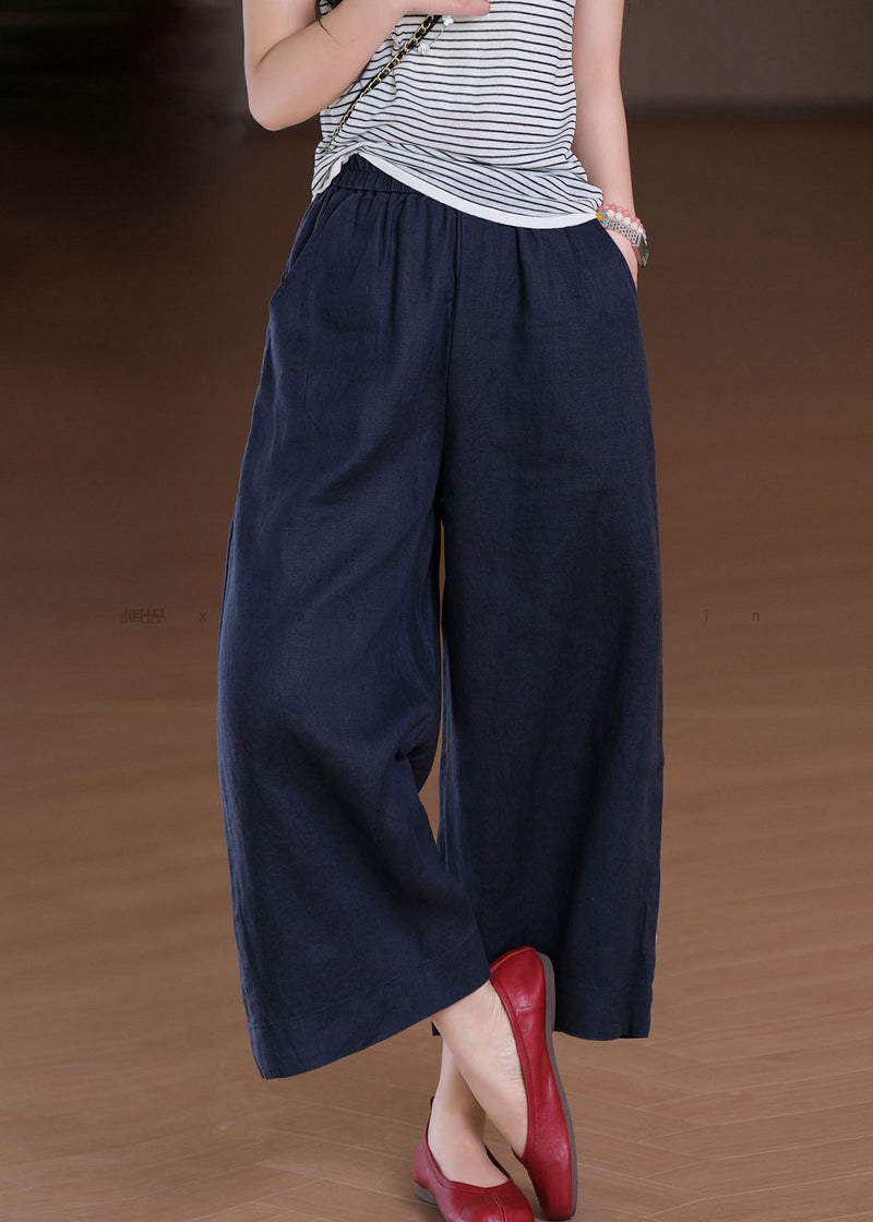 White Elastic Waist Pockets Linen Wide Leg Pants Summer