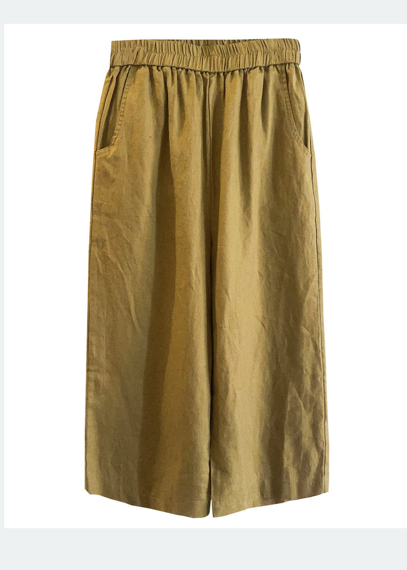 White Elastic Waist Pockets Linen Wide Leg Pants Summer