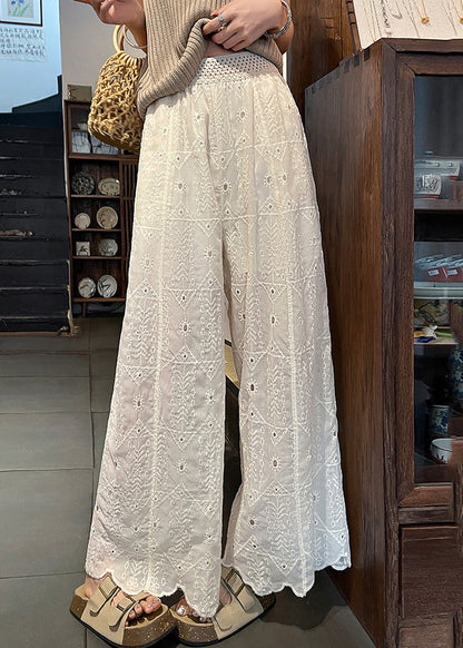 White Embroidered Hollow Out Cotton Pants Summer