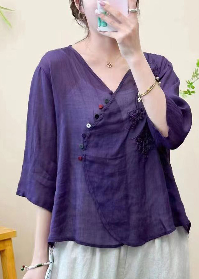 White Embroideried Linen Blouse Top Half Sleeve