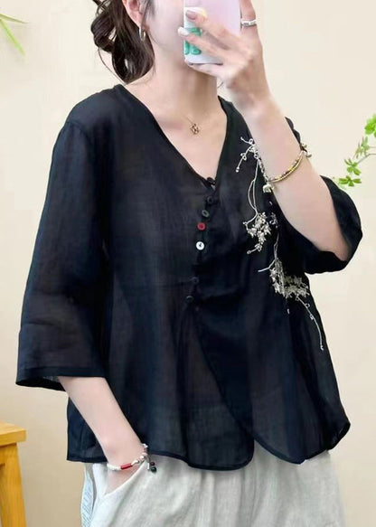 White Embroideried Linen Blouse Top Half Sleeve