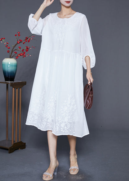 White Embroideried Oversized Cotton Dress Lantern Sleeve