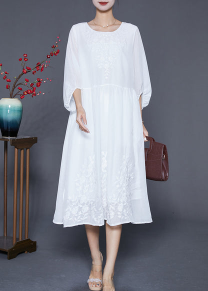 White Embroideried Oversized Cotton Dress Lantern Sleeve