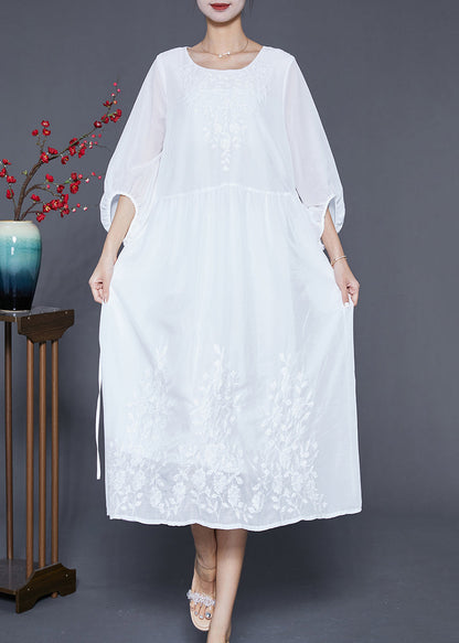 White Embroideried Oversized Cotton Dress Lantern Sleeve