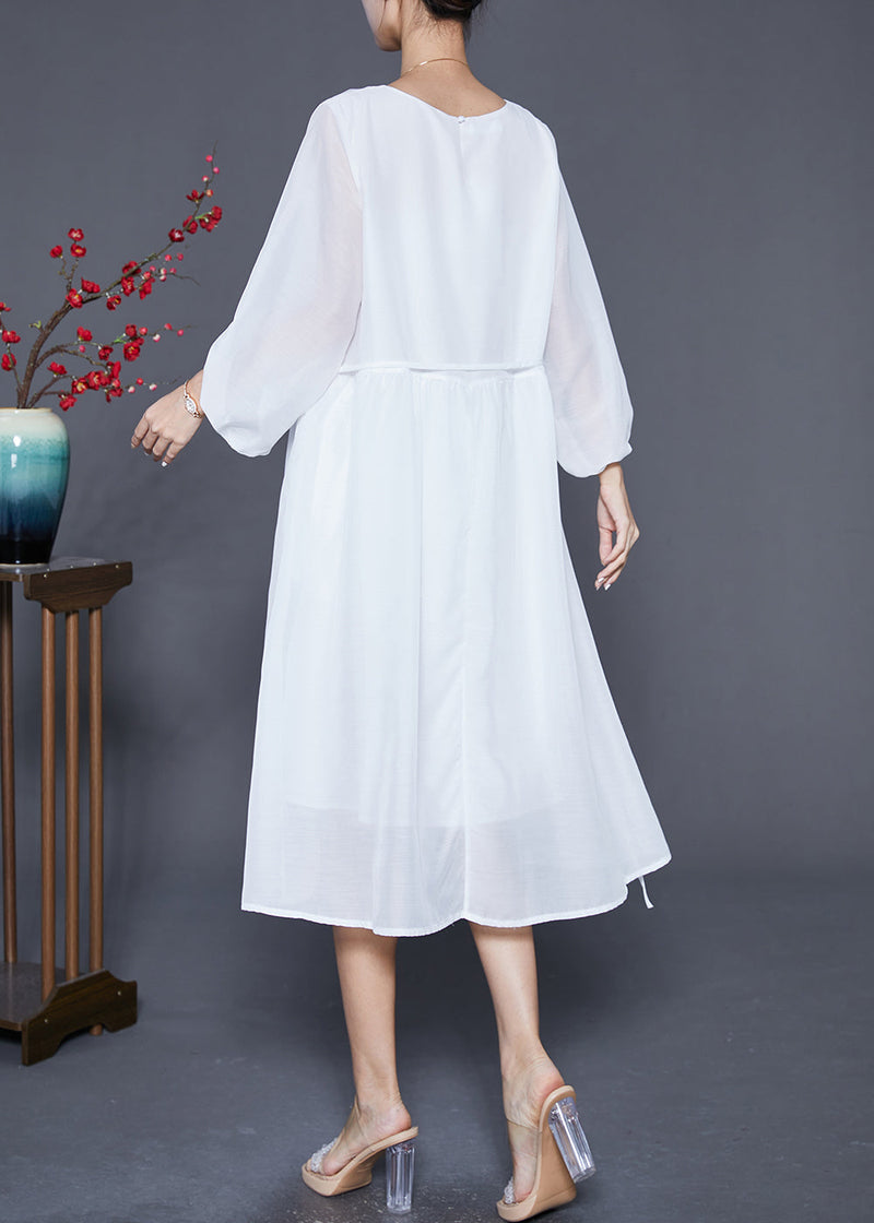 White Embroideried Oversized Cotton Dress Lantern Sleeve