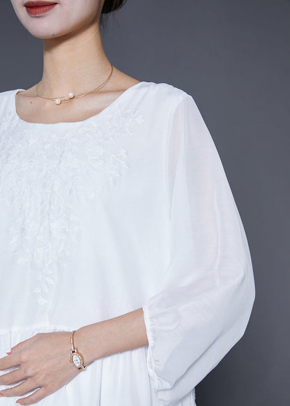 White Embroideried Oversized Cotton Dress Lantern Sleeve