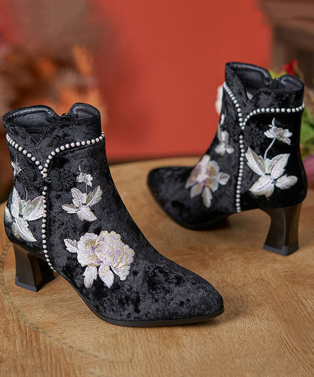White Embroidery Nail Bead Chunky Heel Boots