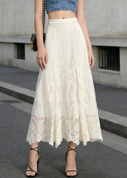 White High Waist Embroidered Lace a Line Skirts Spring