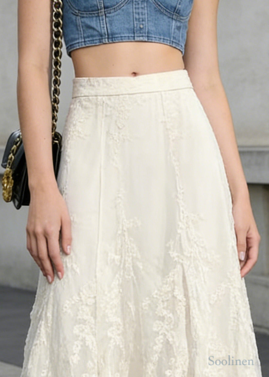 White High Waist Embroidered Lace a Line Skirts Spring
