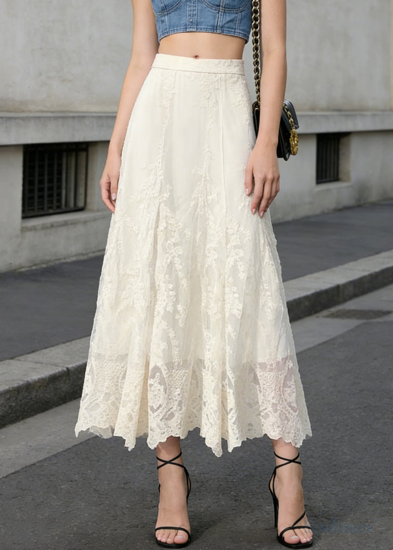 White High Waist Embroidered Lace a Line Skirts Spring