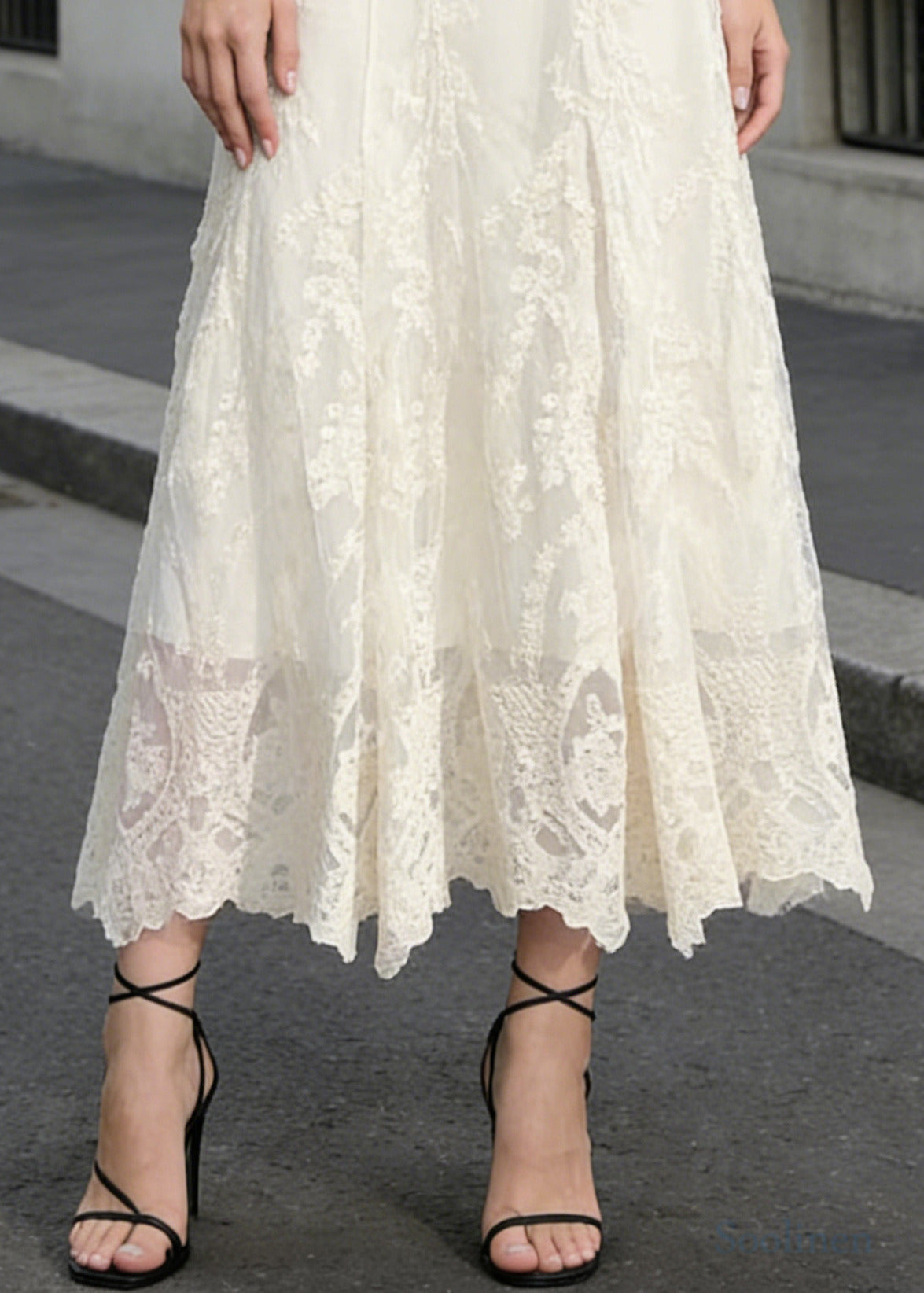 White High Waist Embroidered Lace a Line Skirts Spring