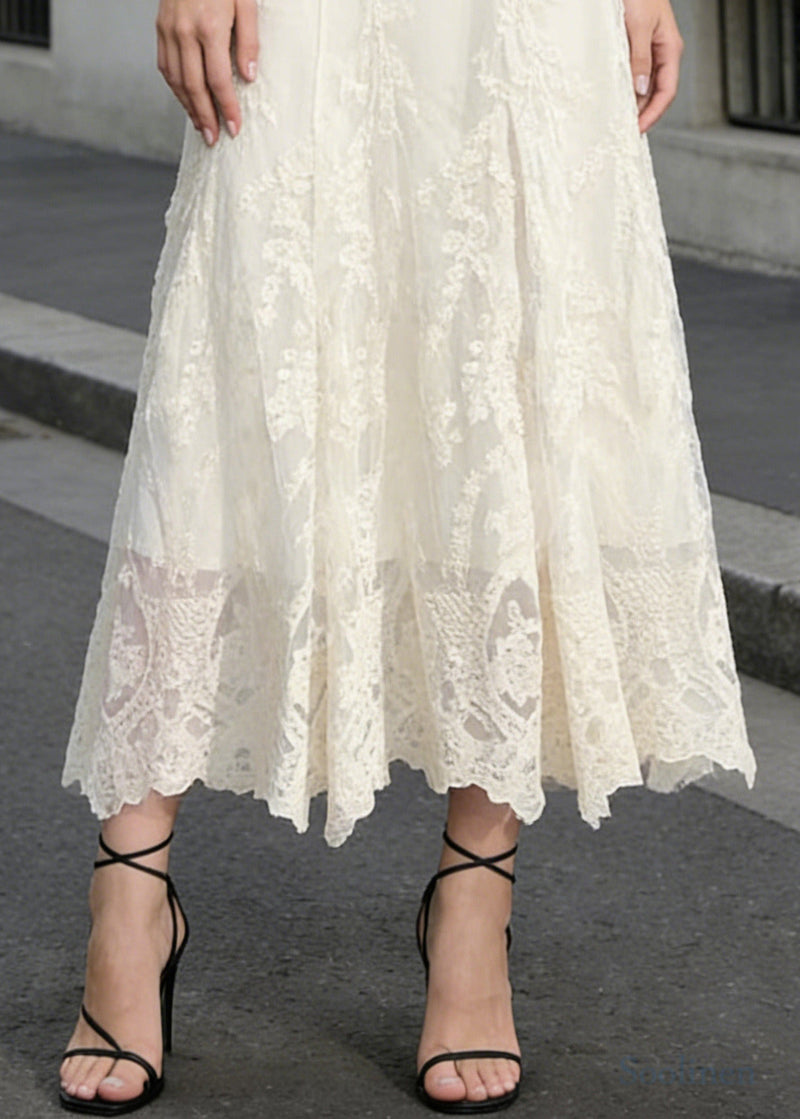 White High Waist Embroidered Lace a Line Skirts Spring