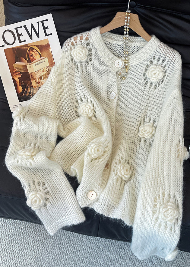 White Hollow Out Decorated Knit Cardigans Fall