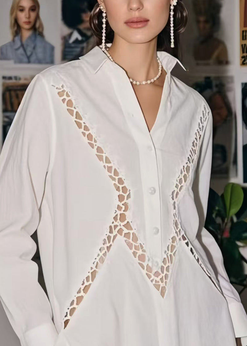 White Hollow Out Patchwork Lace Long Blouses Spring