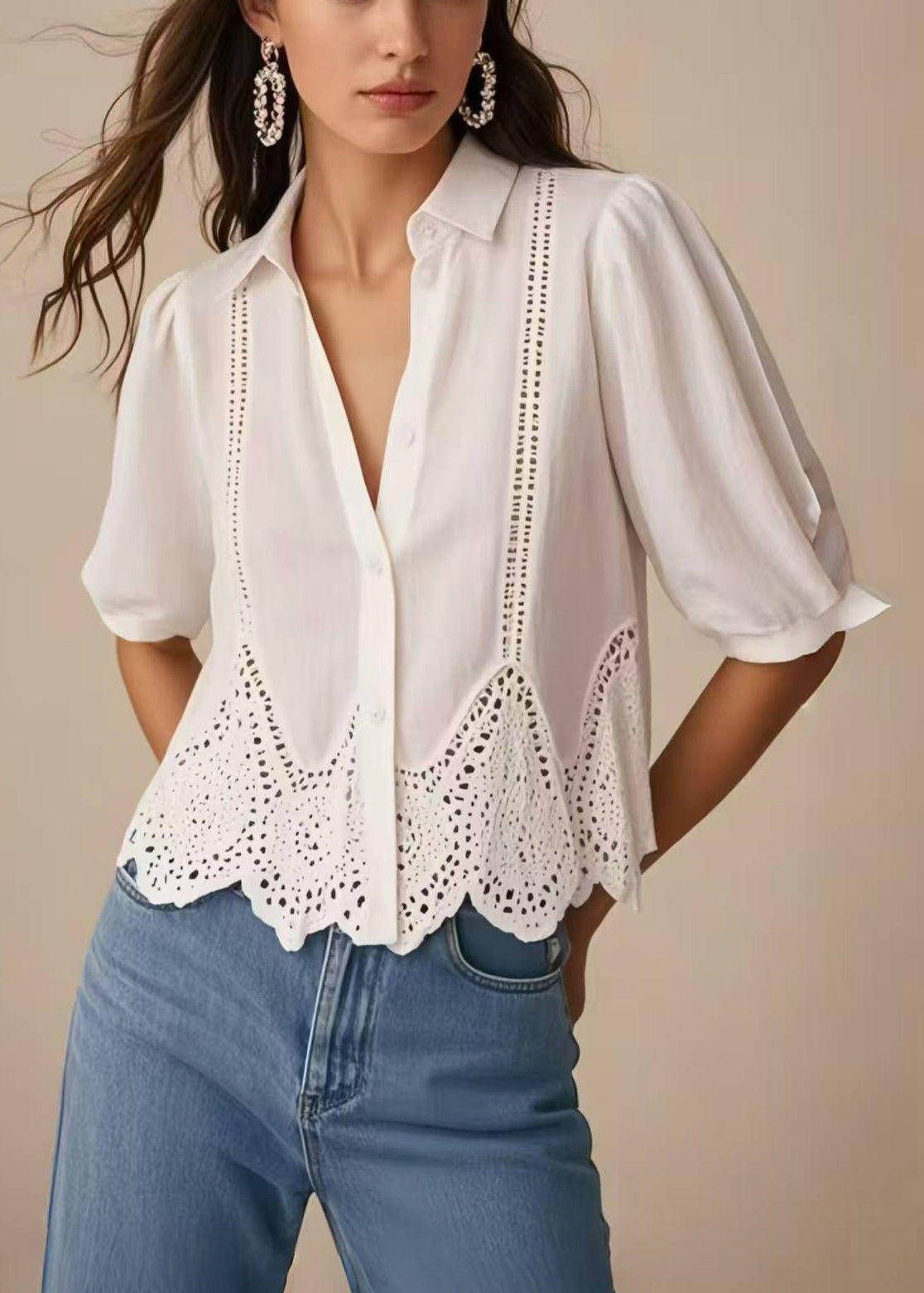 White Hollow Out Silm Fit Shirts Summer