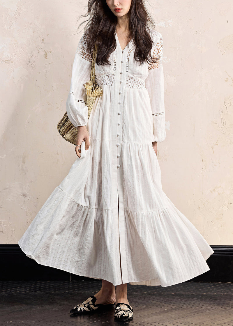 White Hollow Out Wrinkled Cotton Blouses Dress Fall