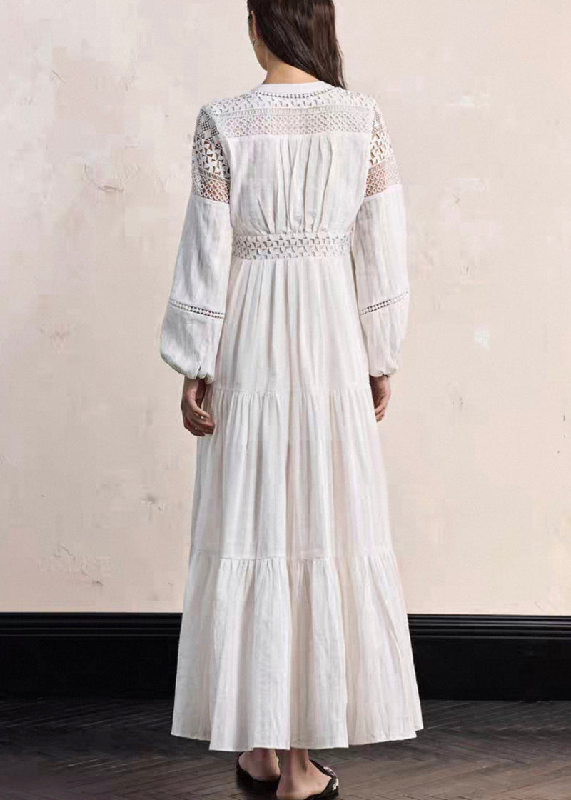 White Hollow Out Wrinkled Cotton Blouses Dress Fall