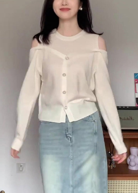 White O Neck Button Patchwork Cotton Knit Top Fall