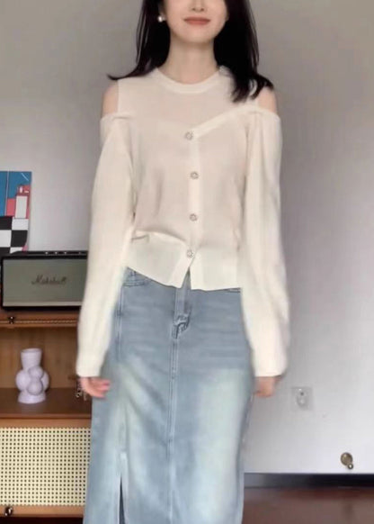 White O Neck Button Patchwork Cotton Knit Top Fall