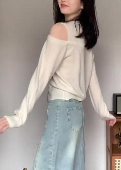 White O Neck Button Patchwork Cotton Knit Top Fall