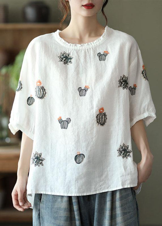 White O-neck Embroideried Summer Ramie Blouse Half Sleeve