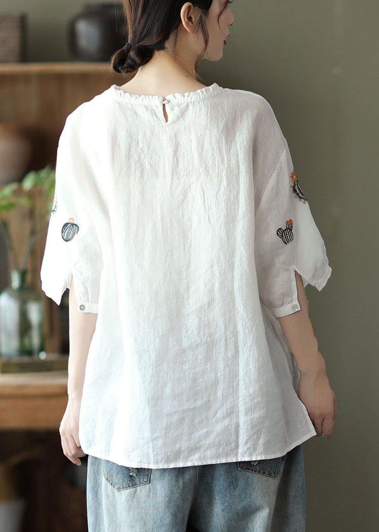 White O-neck Embroideried Summer Ramie Blouse Half Sleeve