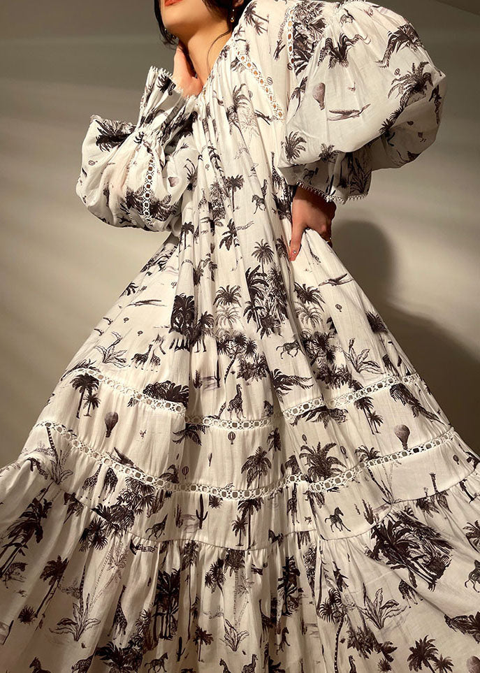White O-neck Patchwork Print Exra Large Hem Long Dress Lantern Sleeve