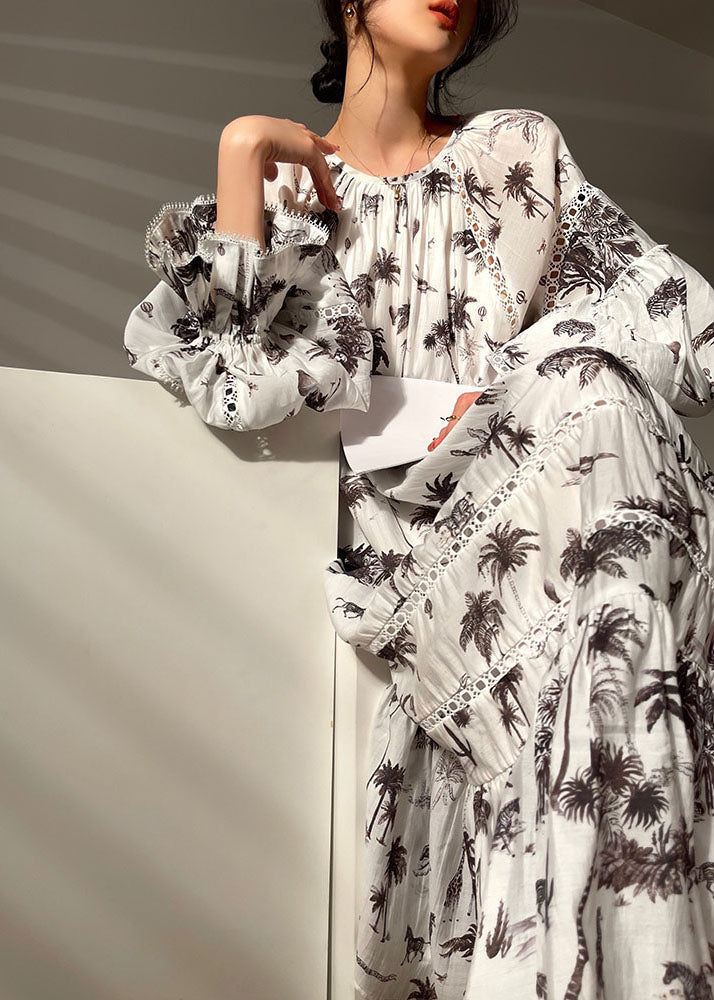 White O-neck Patchwork Print Exra Large Hem Long Dress Lantern Sleeve