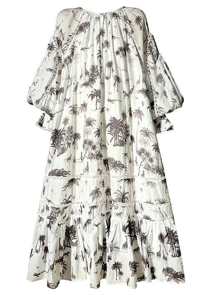 White O-neck Patchwork Print Exra Large Hem Long Dress Lantern Sleeve