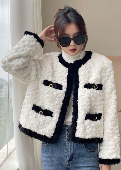 White O-neck Thick Faux Fur Jackets Winter