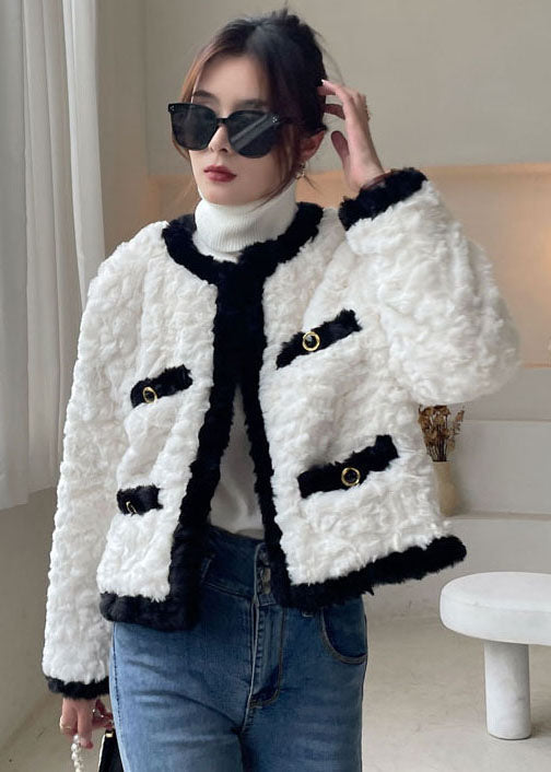 White O-neck Thick Faux Fur Jackets Winter
