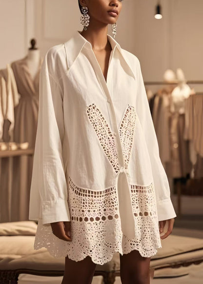 Boho White Oversized Hollow Out Cotton Shirt Tops Spring