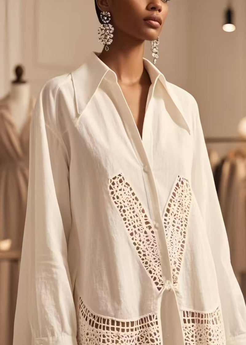 White Oversized Hollow Out Cotton Shirt Tops Spring