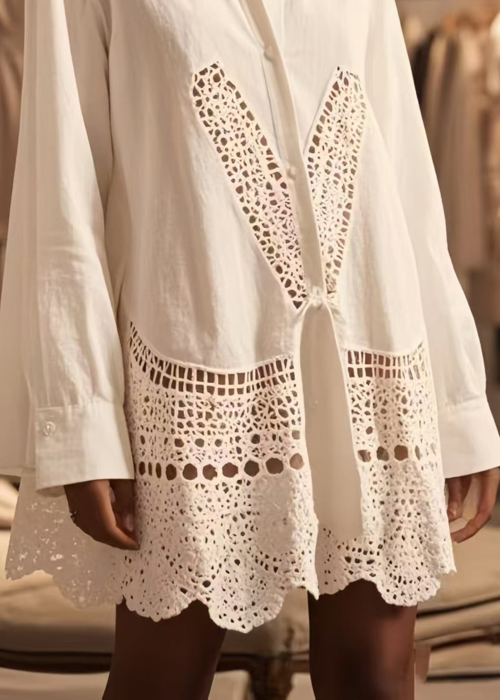 Boho White Oversized Hollow Out Cotton Shirt Tops Spring