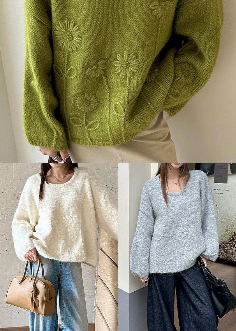 White Oversized Jacquard Knit Sweaters Winter