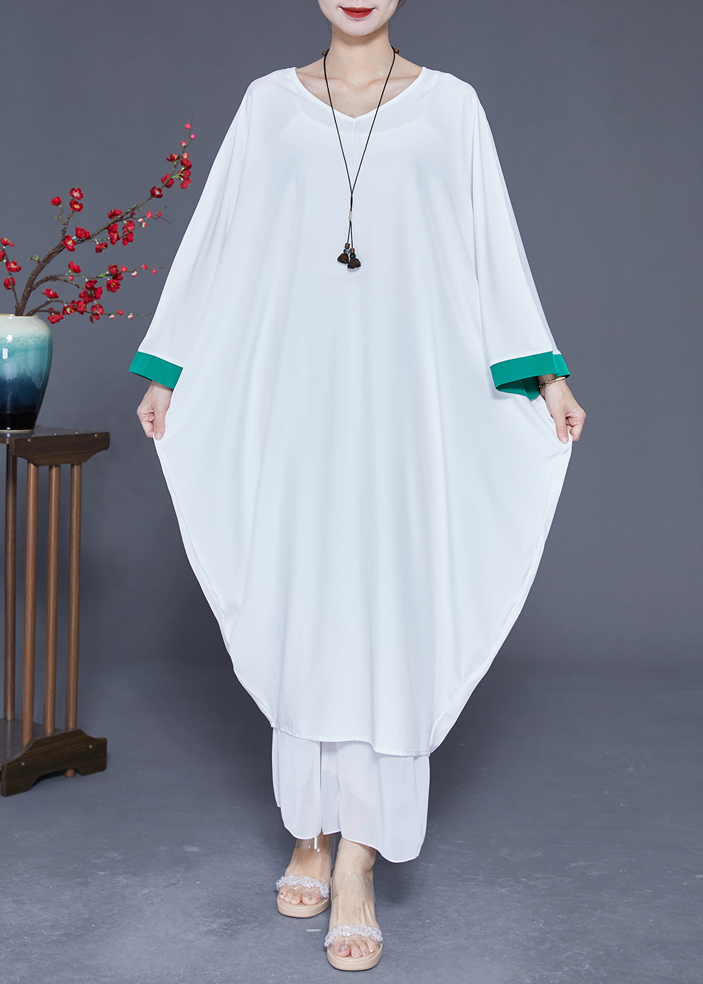 White Oversized Patchwork Silk Dresses Batwing Sleeve