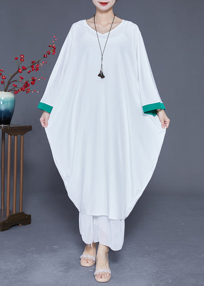 White Oversized Patchwork Silk Dresses Batwing Sleeve