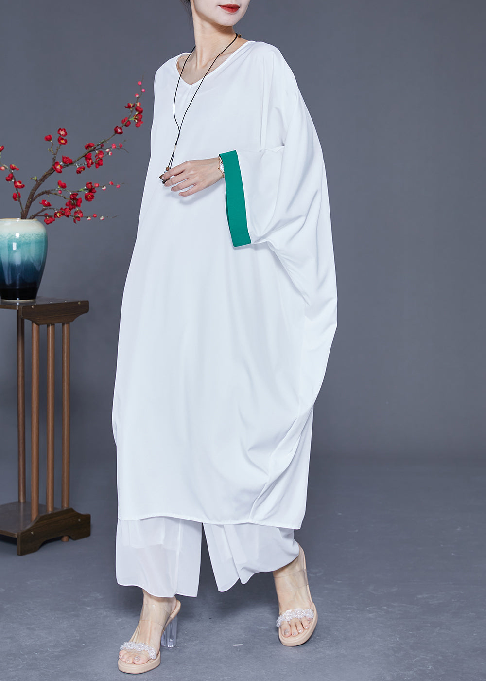 White Oversized Patchwork Silk Dresses Batwing Sleeve