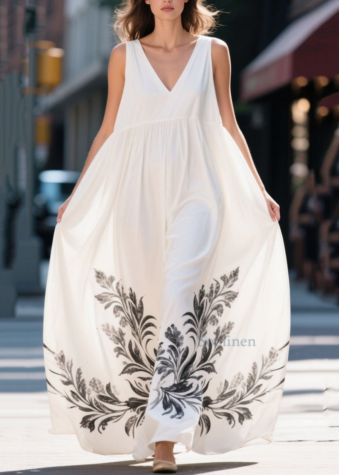 White Oversized Print Chiffon Long Dresses Summer