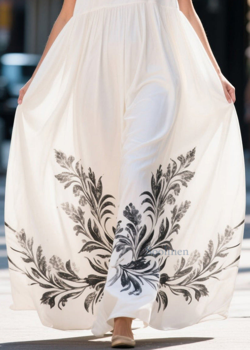 White Oversized Print Chiffon Long Dresses Summer