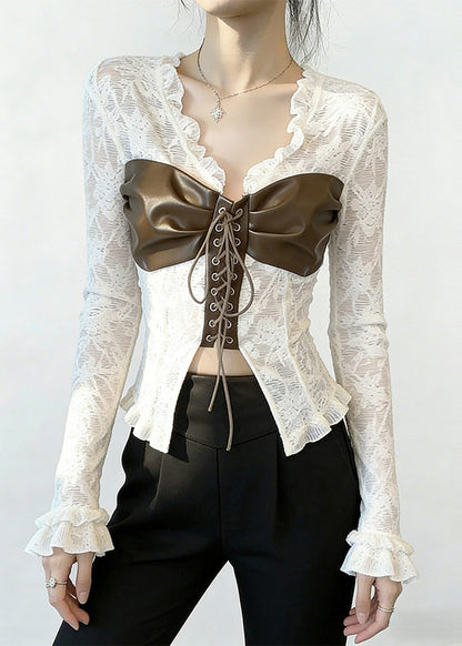 Boho White Patchwork Cross Strap Lace Top Spring