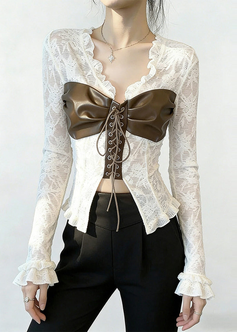 White Patchwork Cross Strap Lace Top Spring