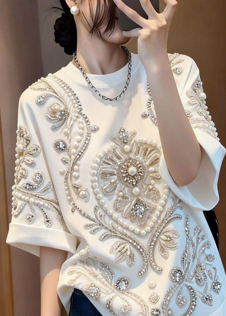 White Patchwork Nail Bead Zircon T Shirt Summer