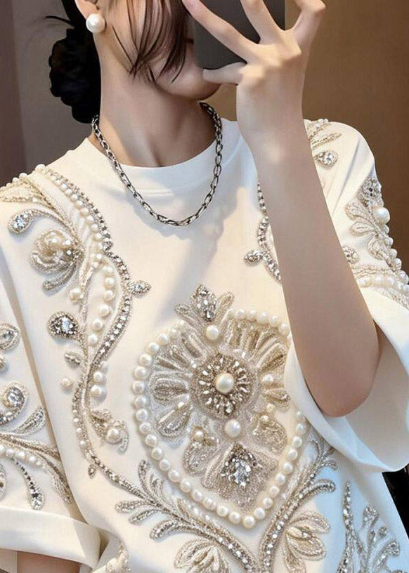 White Patchwork Nail Bead Zircon T Shirt Summer