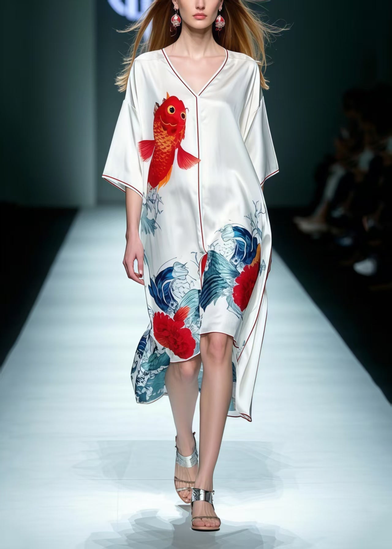 White Print Low High Design Silk Dresses Summer