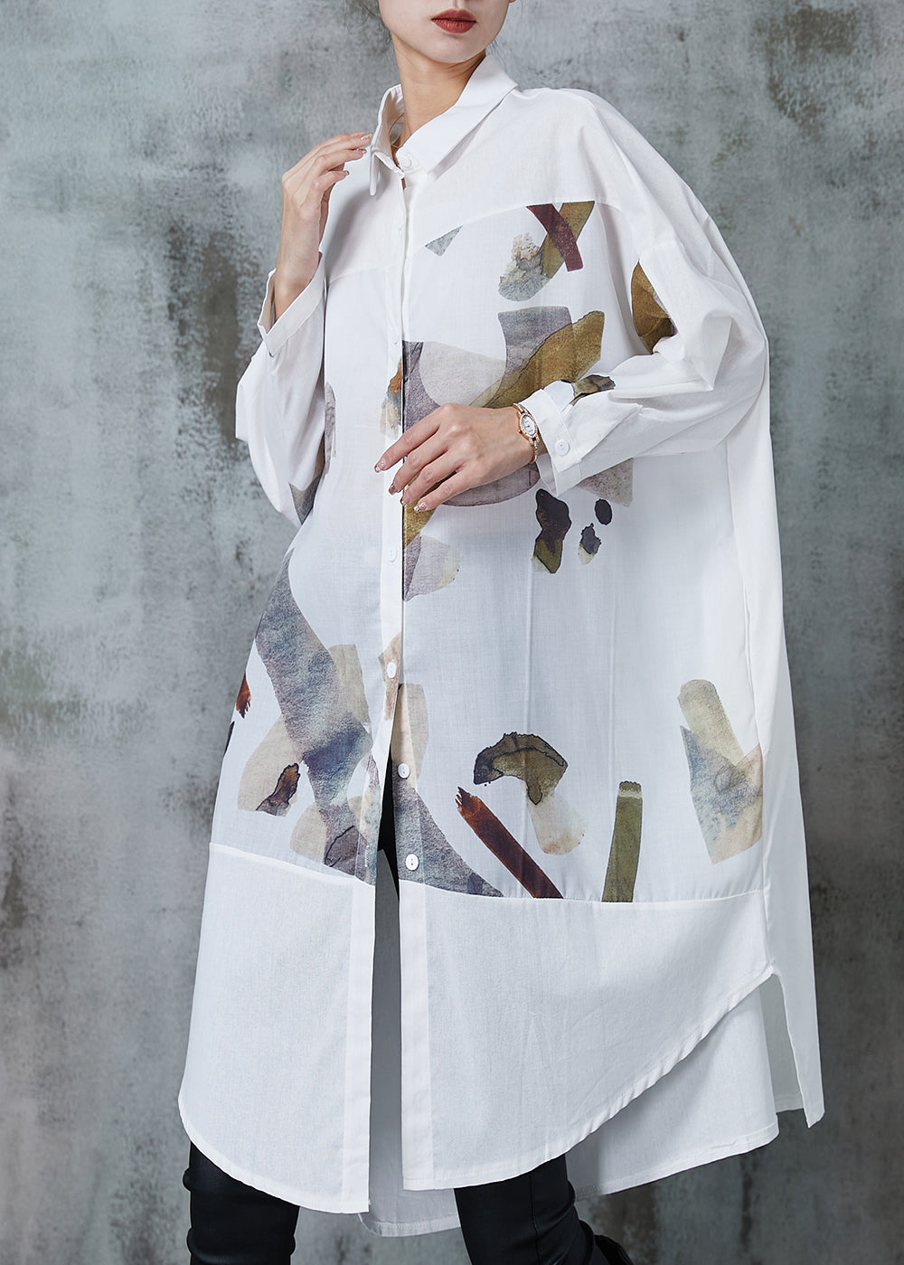 White Print Patchwork Cotton Long Shirts Summer