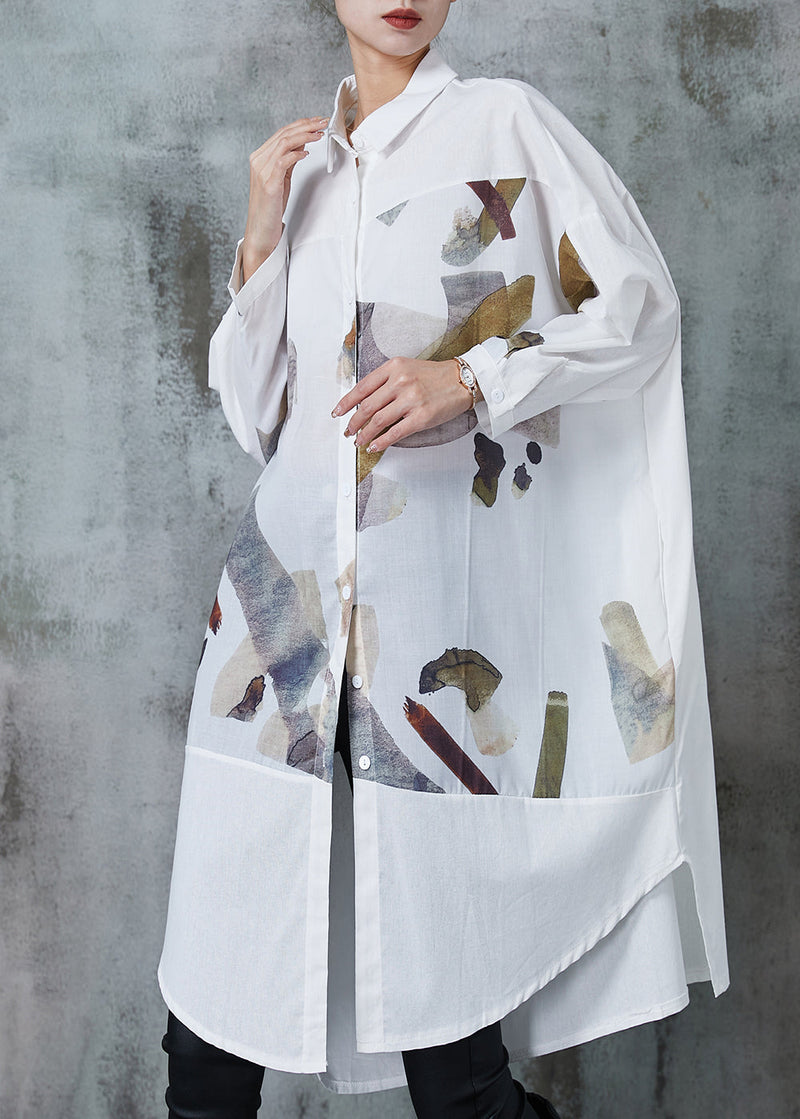 White Print Patchwork Cotton Long Shirts Summer