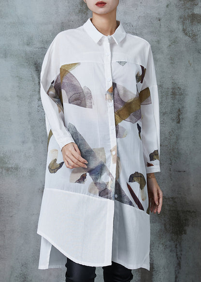 White Print Patchwork Cotton Long Shirts Summer