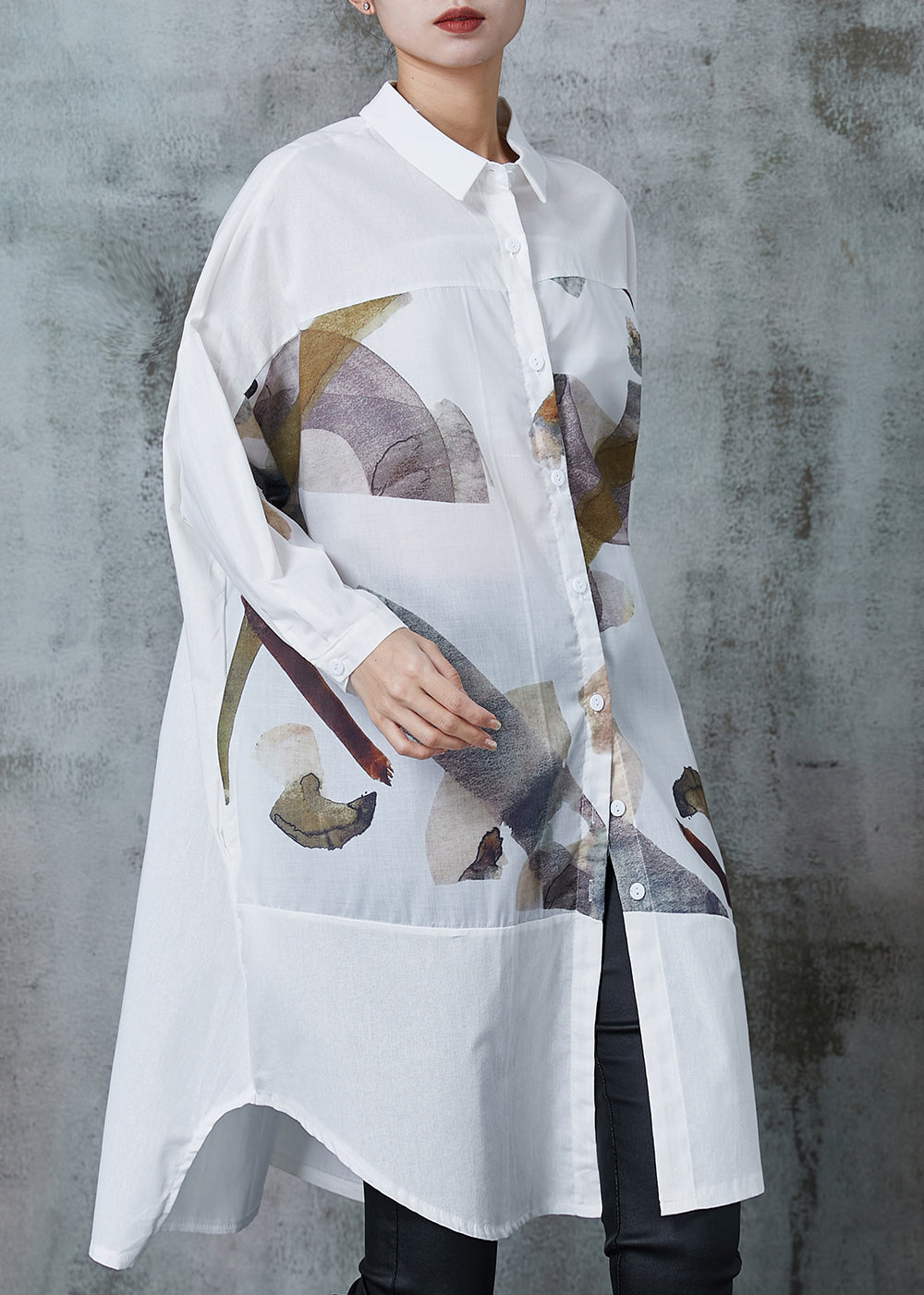 White Print Patchwork Cotton Long Shirts Summer
